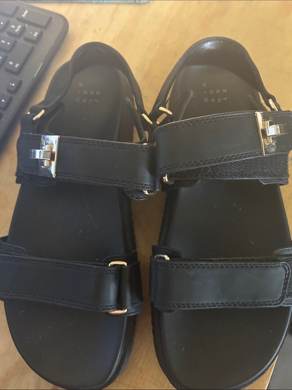 a new day Black Leather-Look Double Strap Sandals